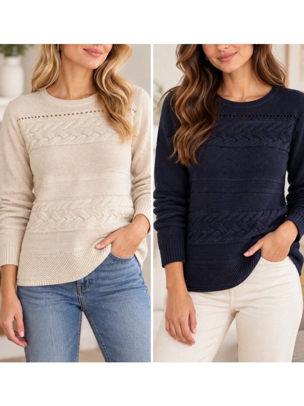 Ann Taylor Cable Knit Sweater Womens Navy Cream Textured Crewneck Cozy Classic
